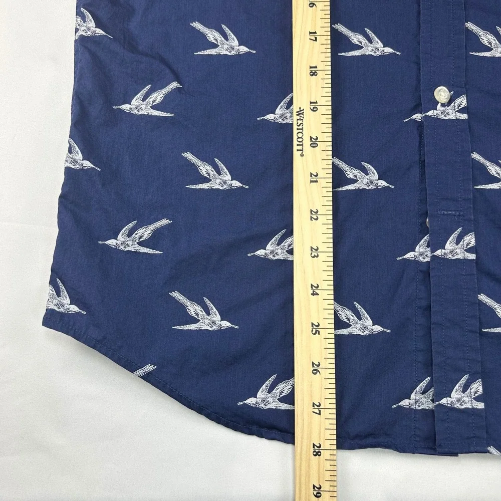 Banana Republic Luxe Poplin Mens Medium Slim Fit Navy Blue‎ Bird Print SS Shirt